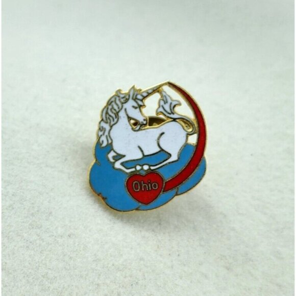 Jewelry - Vtg Collectible Unicorn Ohio Blue Cloud Heart Enamel Lapel Pin